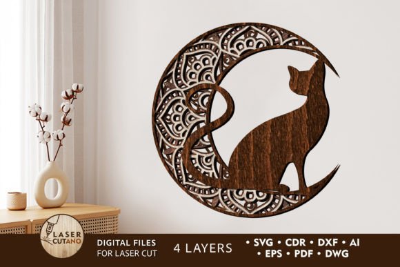 Mandala Moon and Cat: Elegant Laser Cut Decor