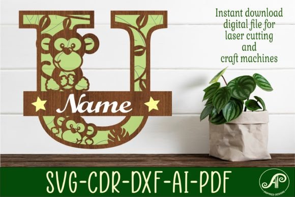 Monkey Capital Monogram Letter U SVG: Layered Laser Cut Design